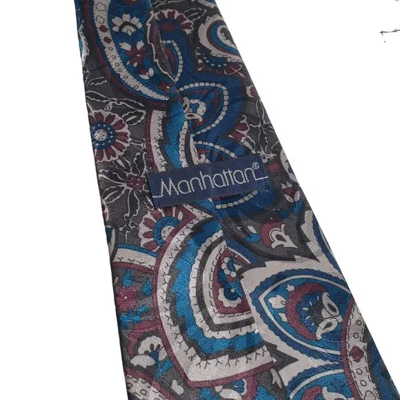 Manhattan Vintage Designer Floral Blue Maroon Silver Work Office Necktie Tie - Picture 4 of 5